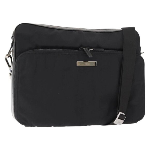 GUCCI Shoulder Bag Nylon Leather Black Auth